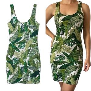 Tropical Leaf Green Sleeveless Scoop Neck Bodycon Mini Dress